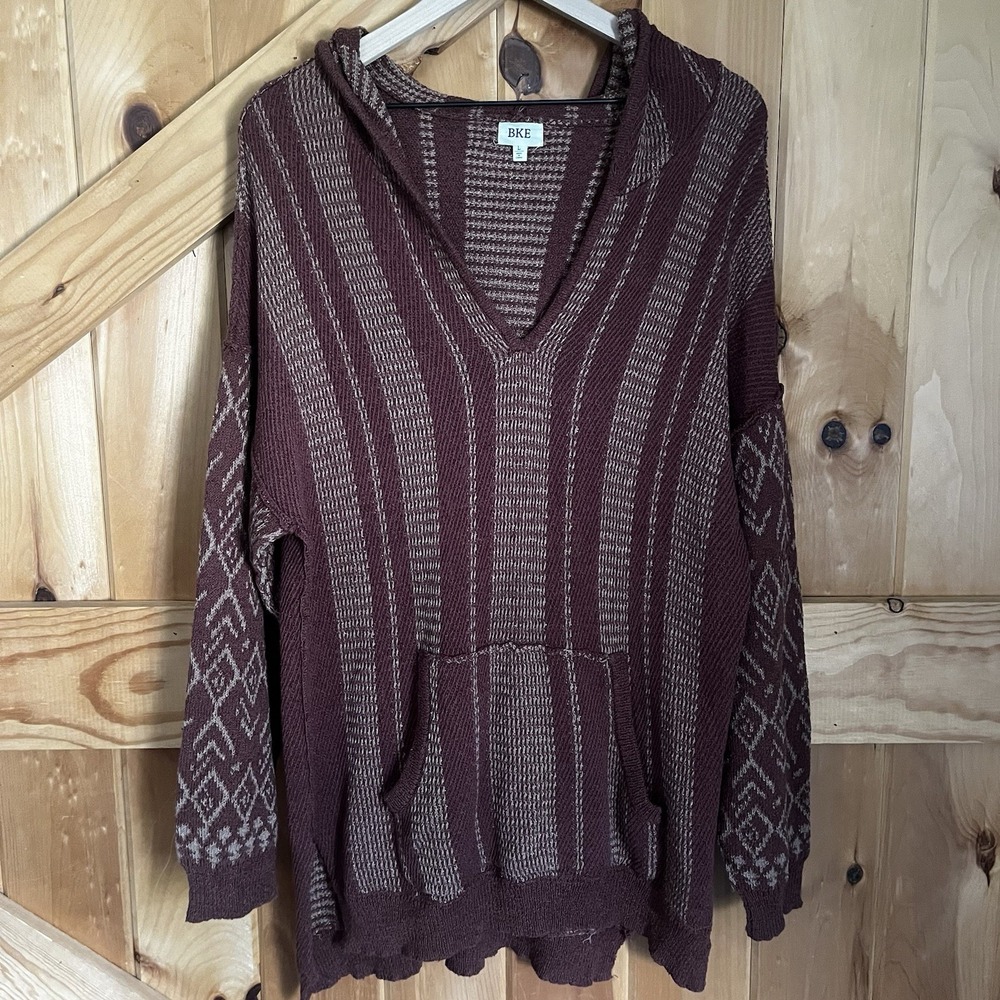 BKE Root Beer Jacquard Hooded Pullover Womens Large Sweater Oversized Open Weave